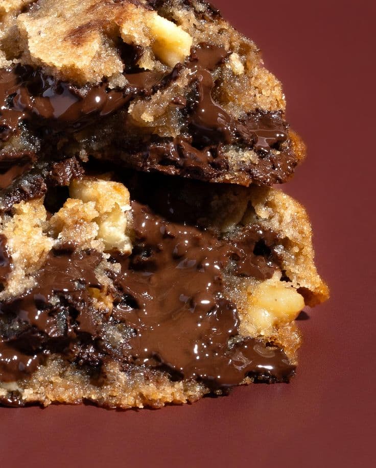 Broken chocolate chip cookie on a pink background